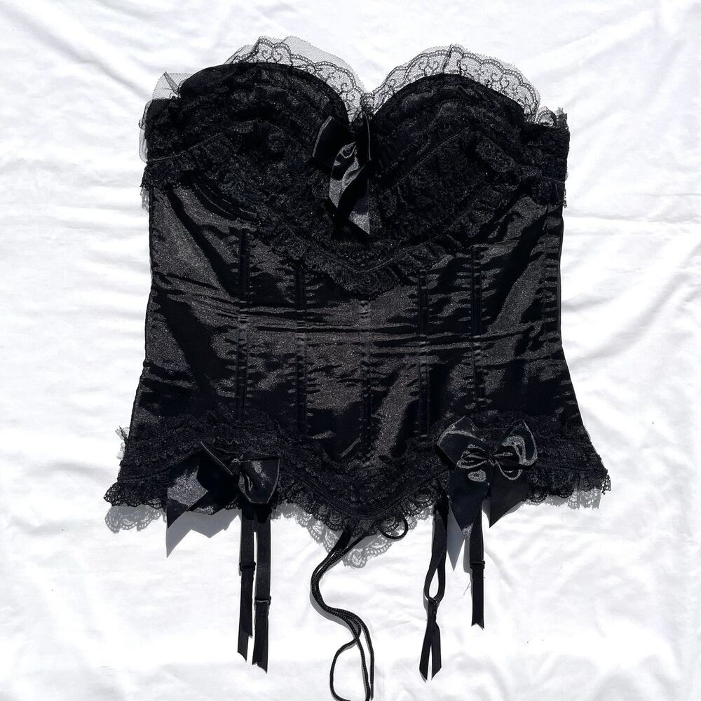 Fredericks Of Hollywood Bow Corset Top Lace Up The Back Womens Large Black Goth